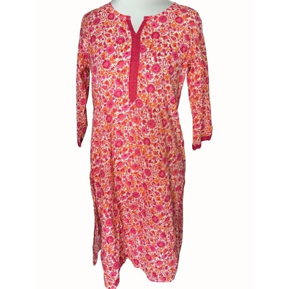 Avaasa Printed Floral Pink Vneck Quarter Sleeve Straight Kurta Medium - Picture 1 of 8